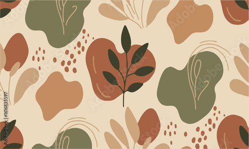 Botanical flat abstract background with warm earthy colors and stylized leaves Suitable for modern nature-themed visuals or packaging