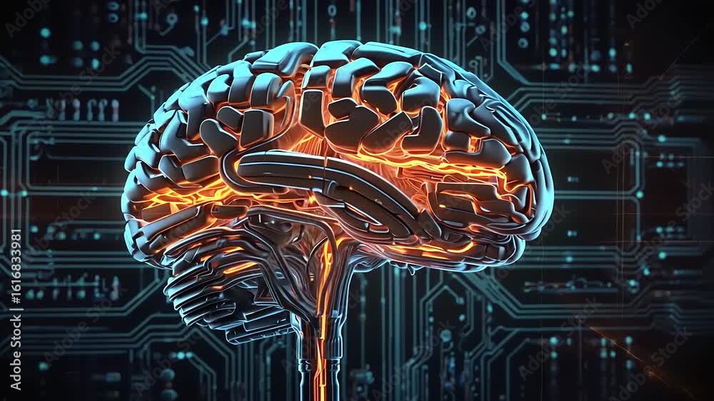 Futuristic Digital Brain with Glowing Circuitry and Neural Network Visualization