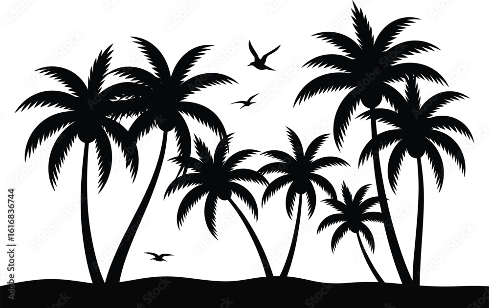 Fototapeta premium Tropical Palm Trees and Birds Black and White Silhouette Illustration