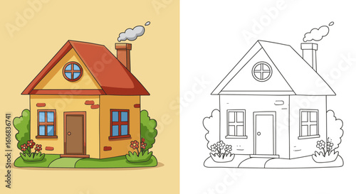 Colorful house illustration with outline for coloring book for children  