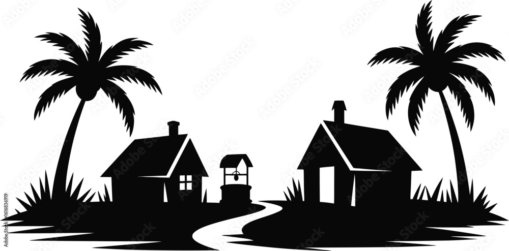 Obraz premium Tropical Village Landscape with Houses and Palm Trees Silhouette