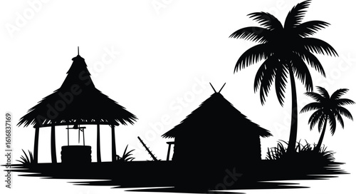 Tropical Village Scene with Hut Well and Palm Tree Silhouette