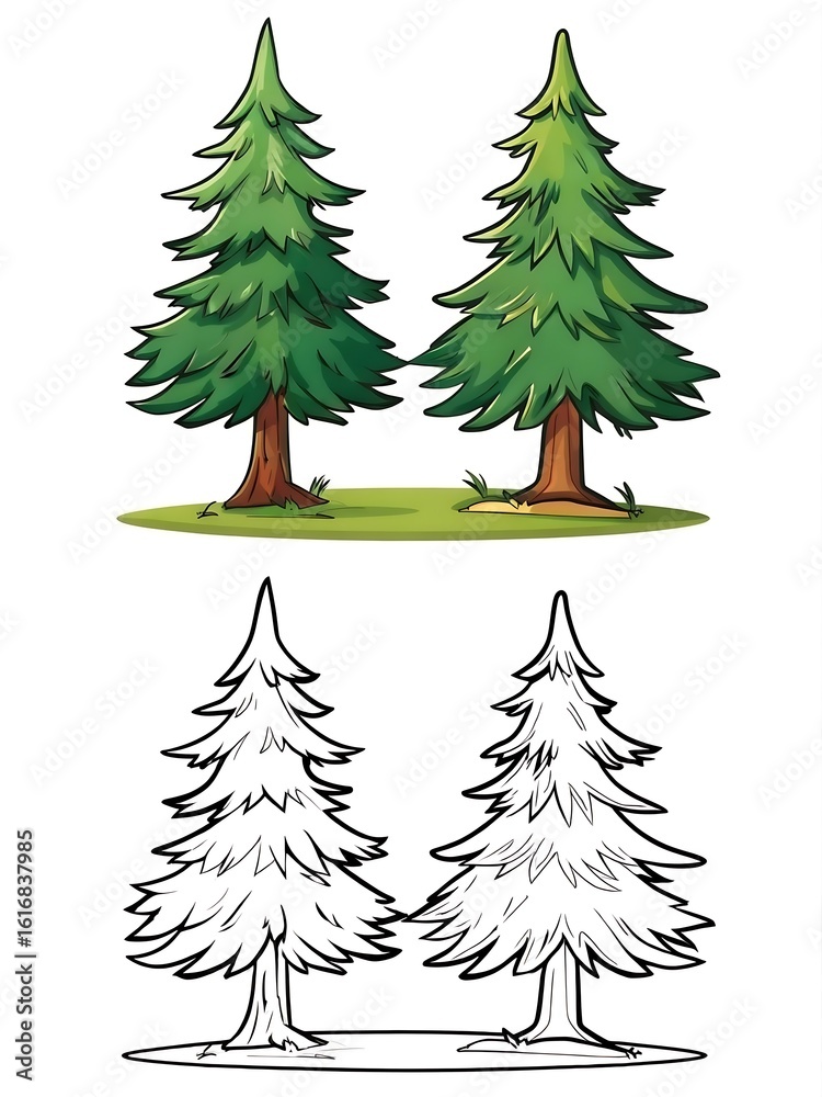 Fototapeta premium Two Cartoon Pine Trees with Outline