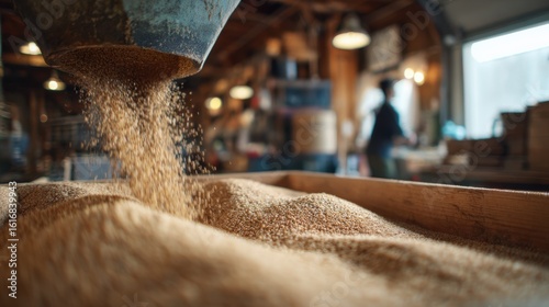 Medium shot showing a vintage flour mill hopper with freshly ground flour flowing through detailed in sharp focus while the bustling CSA workshop softly fades out behind.