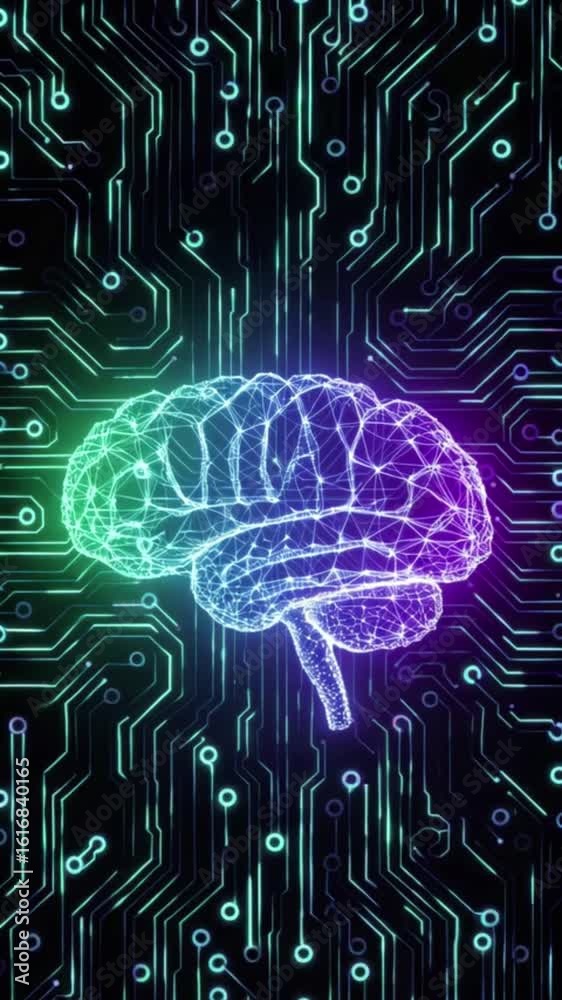 Looping animation of artificial intelligence brain with glowing neural network