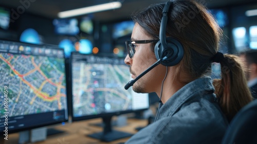 Focused logistics coordinator uses headset to communicate with drivers adjusting shipping plans based on realtime tracking information in a modern dispatch center.