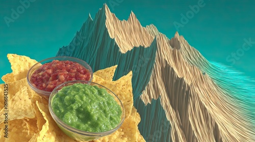 Tortilla chips, salsa, guacamole, mountain backdrop, food