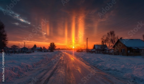 Fototapeta Naklejka Na Ścianę i Meble -  dramatic sun pillar or solar pillar over the snowy road at countryside peaceful small village in winter.