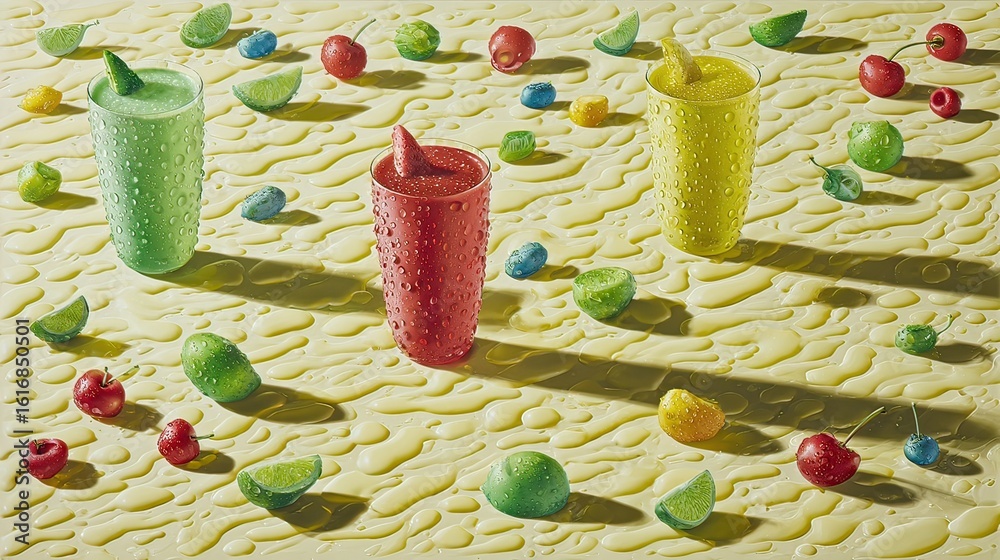 Fototapeta premium Frozen drinks, fruit, summer, studio, sunlight, advertising