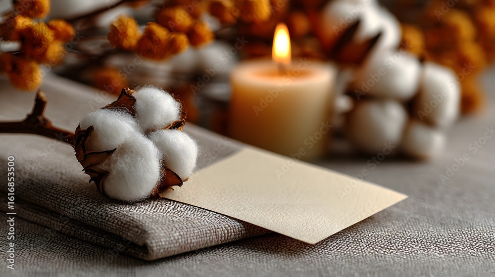 Fototapeta premium Soft, muted tones of a cotton boll on a textured surface, alongside a candle and dried botanicals.