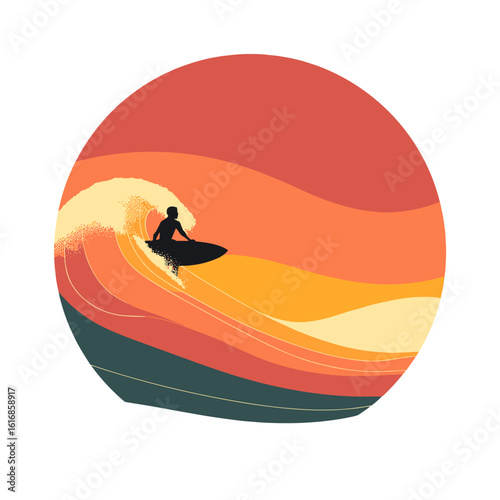 Surfer silhouetted riding a wave at sunset.
