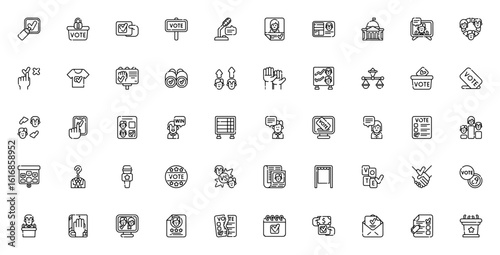 Voting elections icon set. Political vector symbols pack. Includes vote, ballot, microphone, candidate, polling, speech, justice scale, politician and more. Editable stroke.