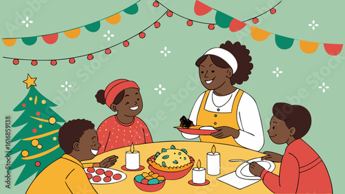 Family christmas dinner celebration vector illustration holiday season home gathering and festive meal