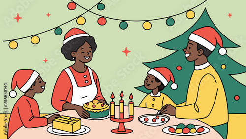 Illustration of african american family celebrating christmas dinner with christmas tree and gifts at home