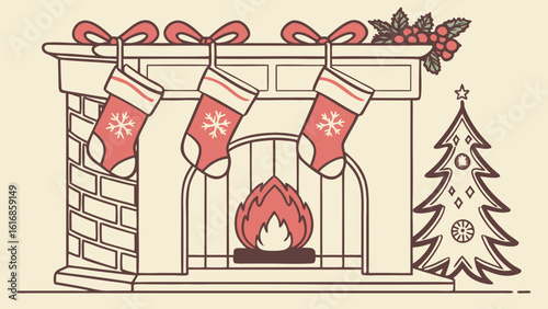 Christmas fireplace with stockings and tree vector illustration holiday season design image