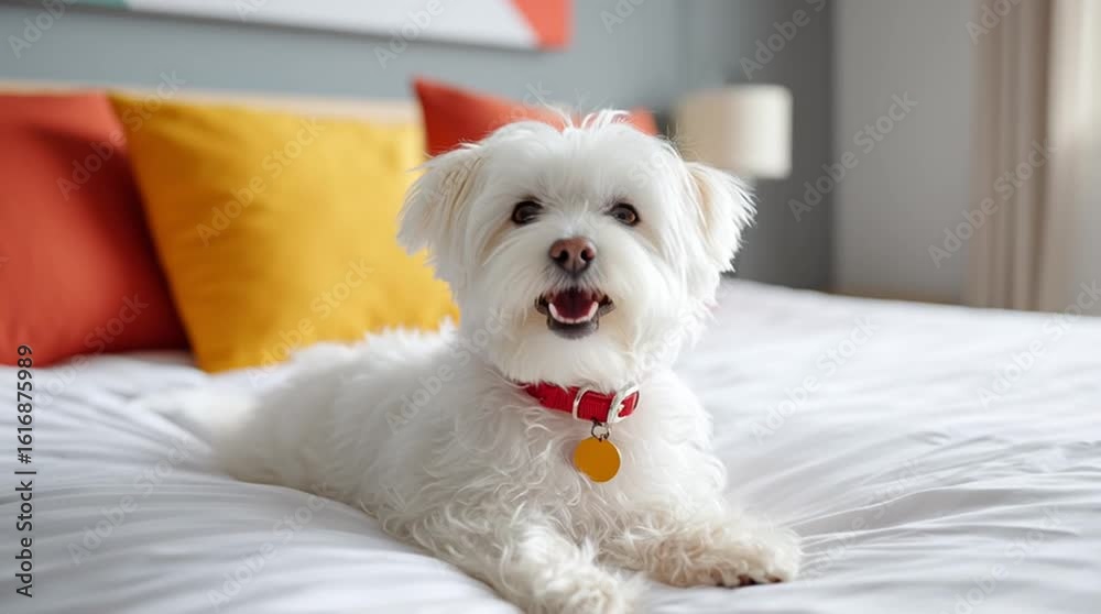 A cute dog maltese lying on the bed