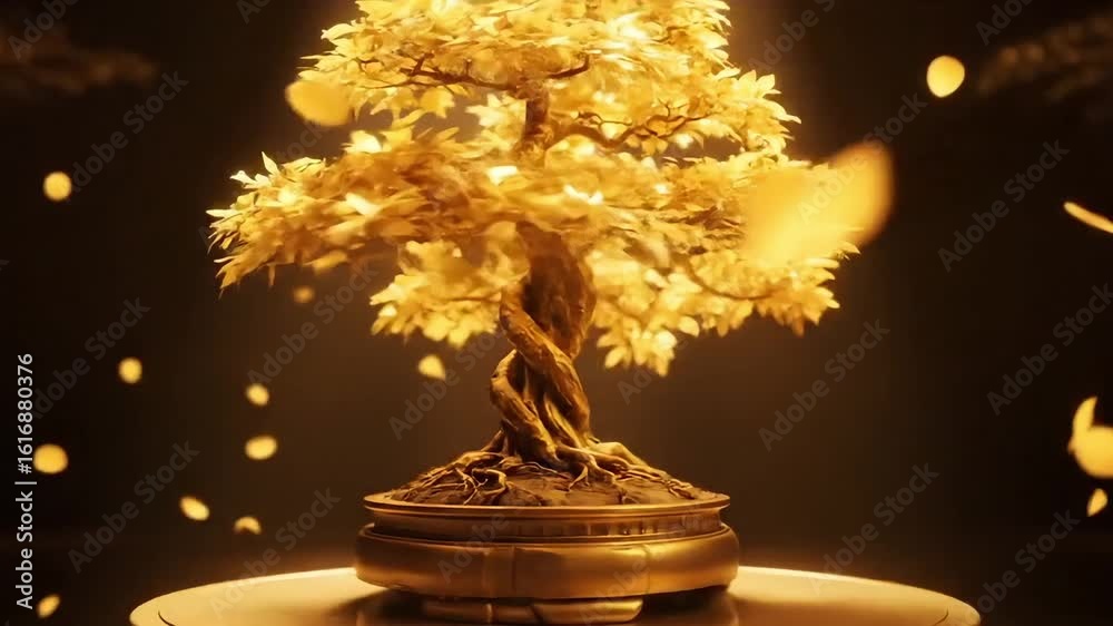 Golden Bonsai Tree Floating Leaves | Elegant Zen Decor Footage