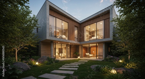 Modern architecture residence  luminous windows showcasing stylish interior design  surrounded by
