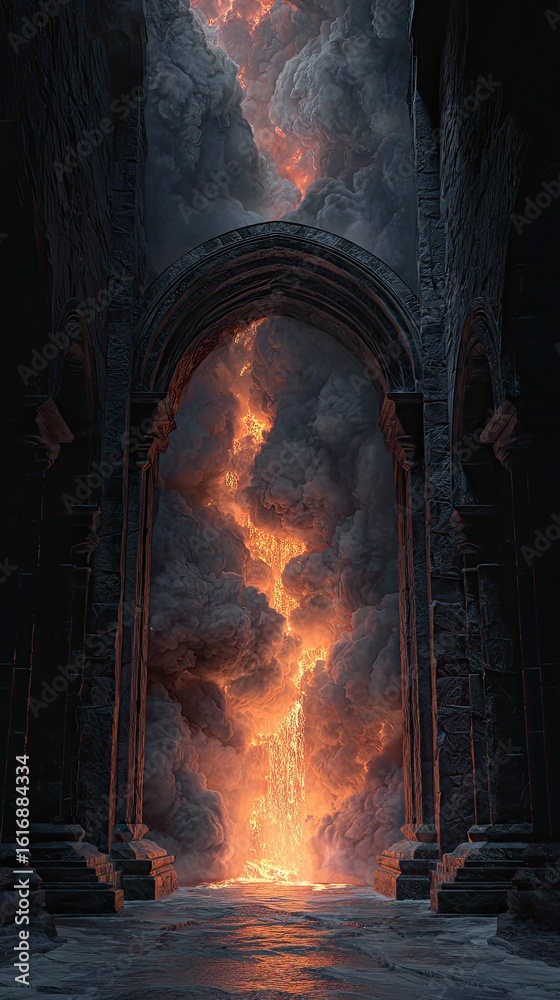 Obraz premium Archway to fiery waterfall in dark fantasy landscape