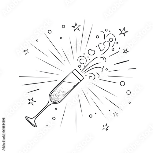 Champagne Glass Bursting Celebration Doodle Hand Drawn Line Art