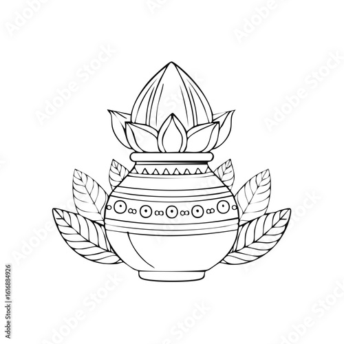 Traditional Hindu Kalash pot with coconut and mango leaves line art illustration