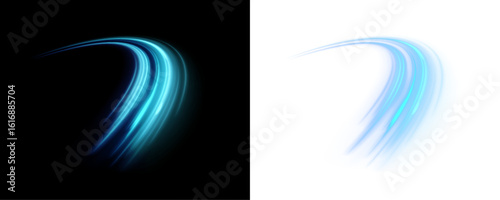 Blue stripes in the form of a drill, twists and swirls on a white and black background in format vector and png for your design. Wavy swirls, swirls, dynamic twisting lines.