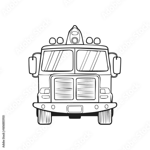 Simplified Fire Engine Illustration, Line Art Style, Emergency Vehicle