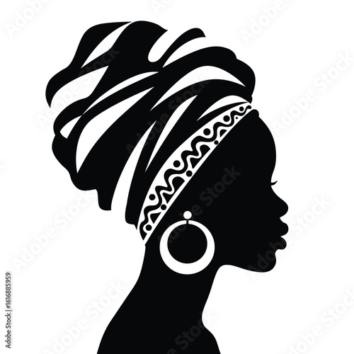 Elegant african woman profile silhouette with turban and earrings