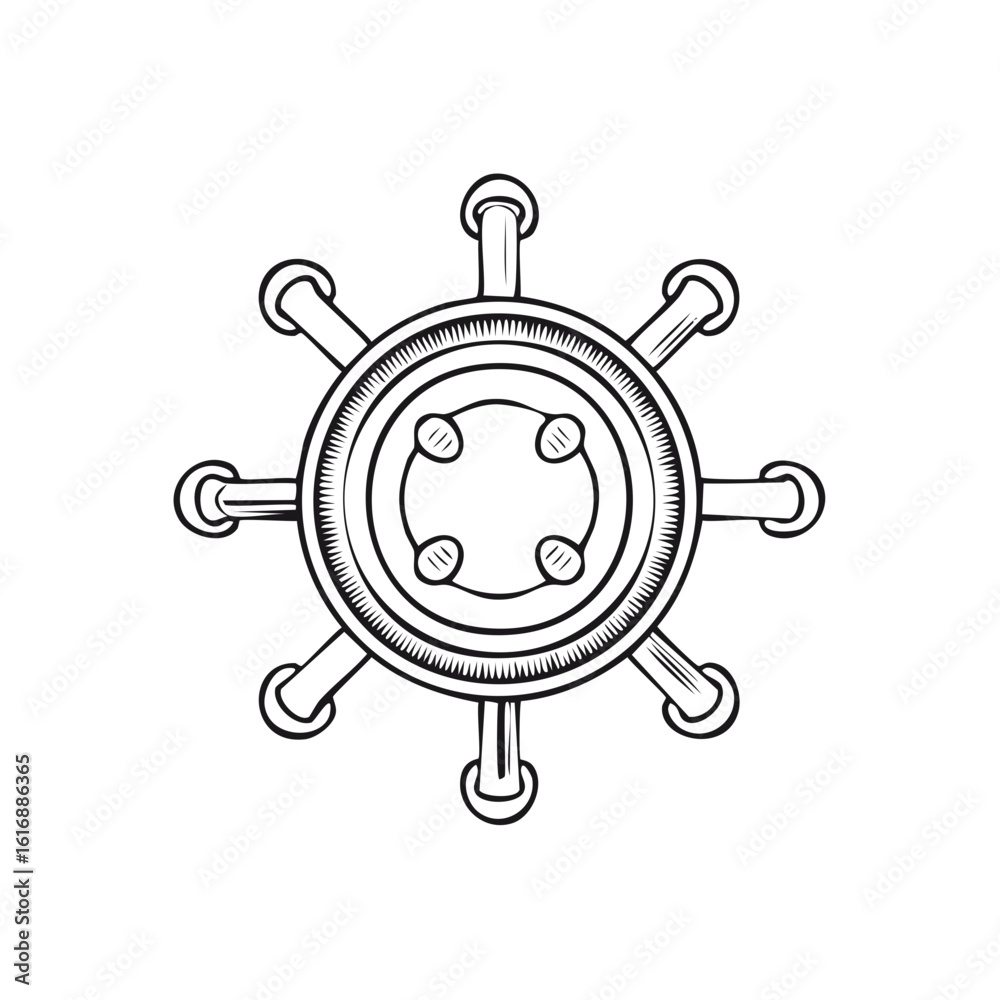 Fototapeta premium Engraved Helm Graphic Ship Steering Wheel Nautical Wheel Drawing Illustration