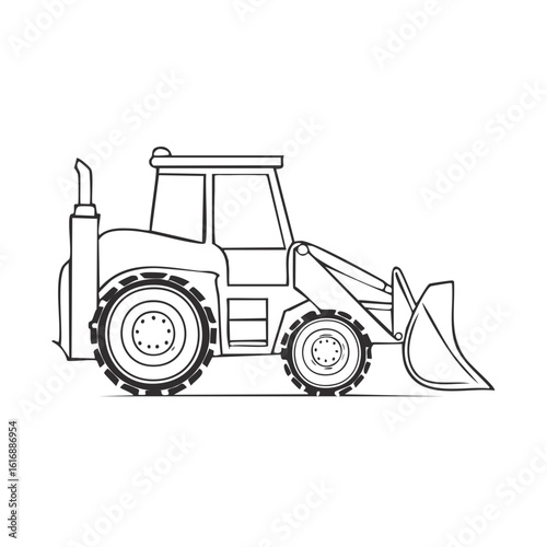 Line Art of Bulldozer Vehicle with Bucket, Heavy Equipment Outline