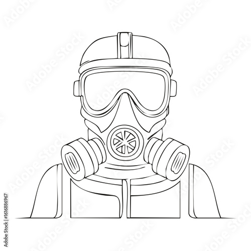 Black and white line art illustration of a person wearing a full face gas mask respirator