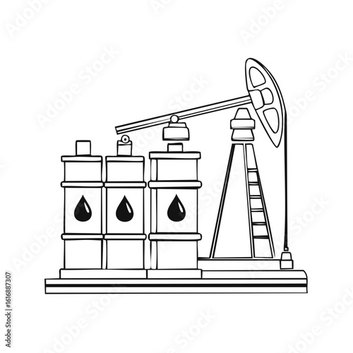 Crude Oil Pumpjacks Line Art and Barrels Petroleum Concept