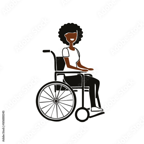 African Descent Woman Uses Wheelchair Flat Vector Icon. Disability Access Symbol. Inclusion and Diversity. Rehabilitation Design.