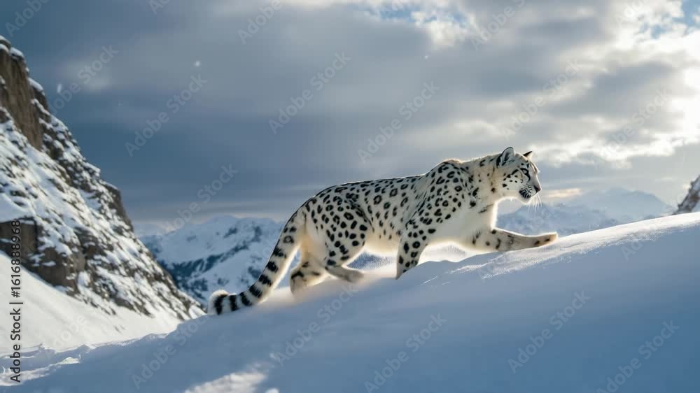 Snow Leopard Walking on a Snowy Mountain Ridge