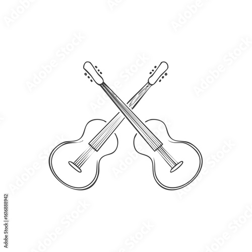 Crossed acoustic guitar outline illustration, musical instruments design