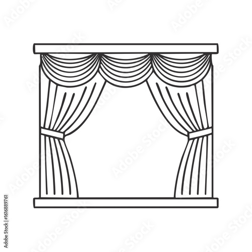 Illustration of stylized theater curtains with intricate drapes in a linear outline.