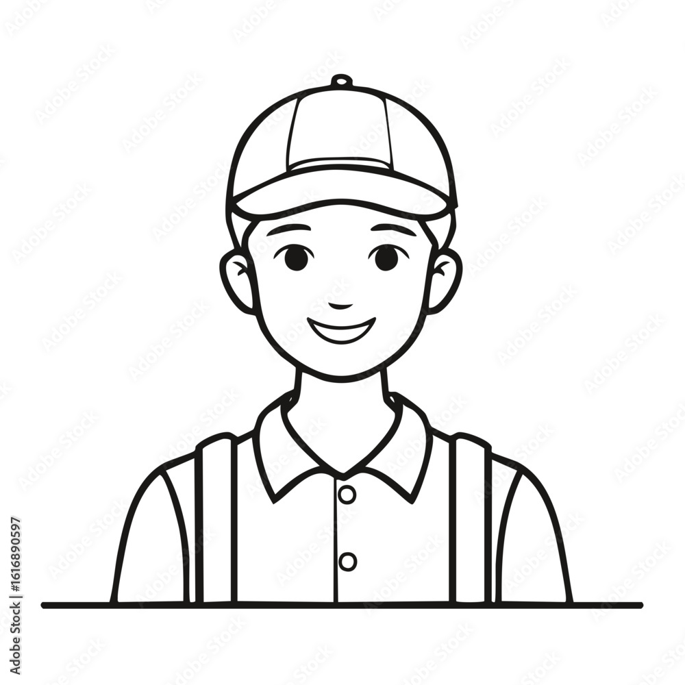 Line art illustration of a smiling young man in a baseball cap and uniform Line art illustration of a smiling young man in a baseball cap and uniform