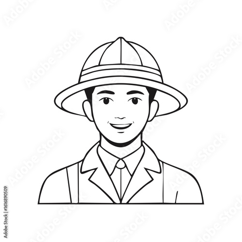 Line art illustration of a smiling man wearing a traditional pith helmet ready for adventure