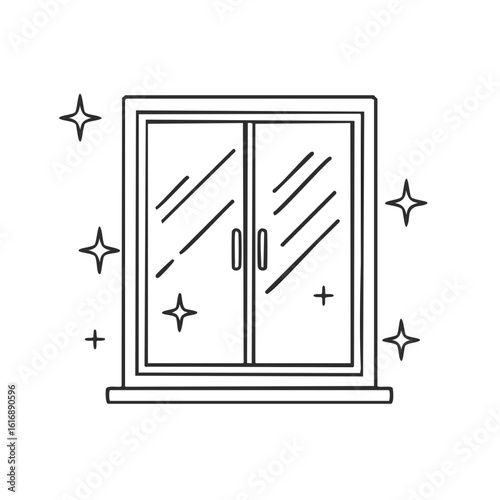 Sparkling Clean Window Illustration, Home Cleaning Concept, Black Line Art