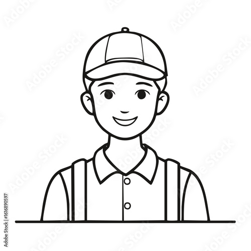 Line art illustration of a smiling young man in a baseball cap and uniform