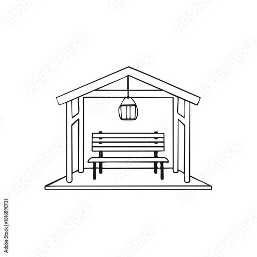 Black and white bench under a shelter with a hanging light, outdoor concept
