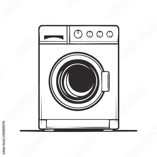 Washing machine vector line drawing. Laundry appliance with front loading and control panel sketch design for graphic resource.