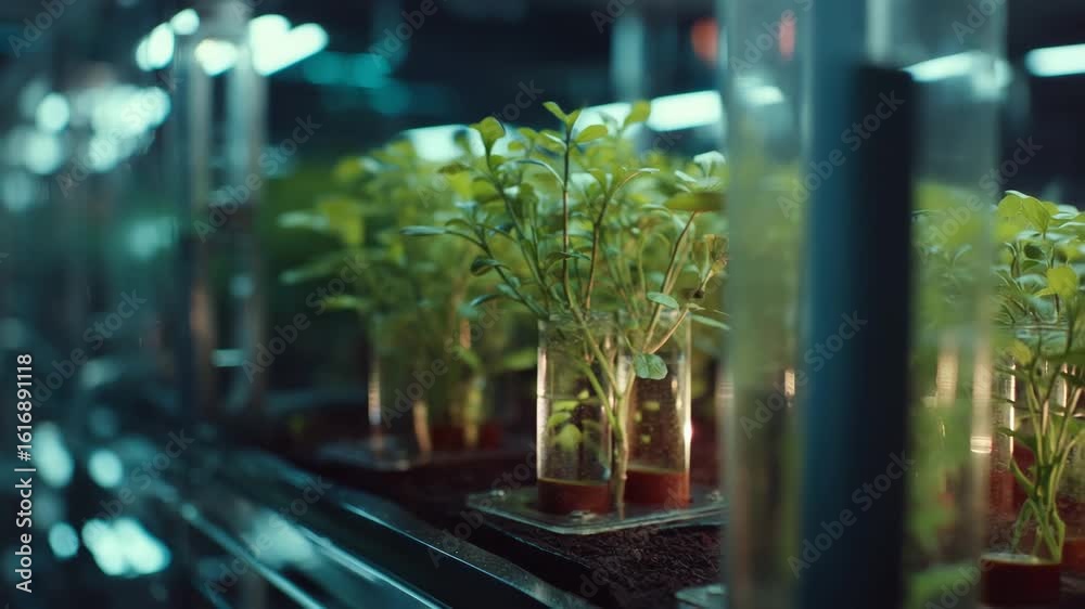  Plant Seedlings Growing in Glass Beakers in a Science Lab