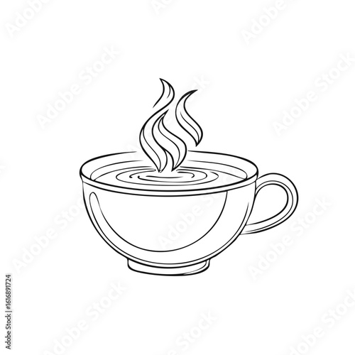 Black and white line art illustration of a steaming hot cup of coffee or tea with ripples on the surface