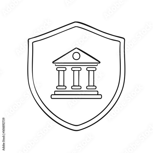 Line art icon of a security shield protecting a classical building representing finance law and government