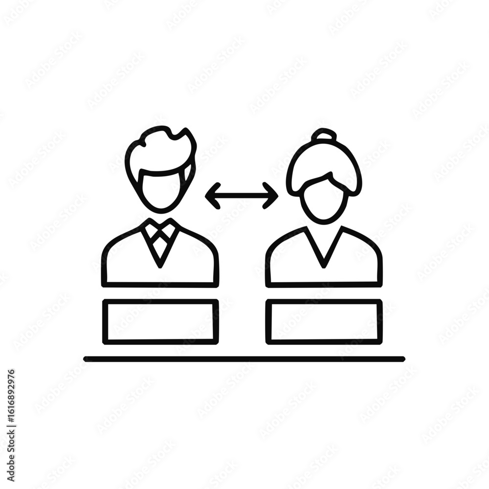 Two people maintain social distance with arrows indicating space between them Two people maintain social distance with arrows indicating space between them