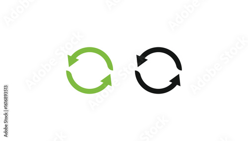 Circular arrow recycle icon set in green and black. Ideal for sustainability, eco-friendly packaging, renewable energy, environmental conservation, loop process, and zero waste design projects