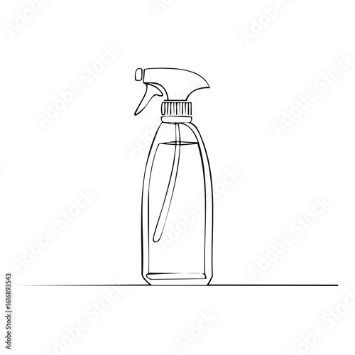 Minimalist line art drawing of a transparent spray bottle filled with clear liquid and a straw