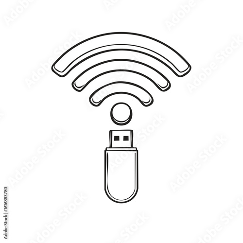 Sketch style icon of a USB Wi-Fi dongle adapter broadcasting a wireless signal