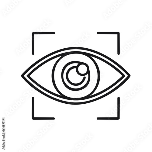 Abstract linear icon of an eye within a scan frame symbolizing surveillance and recognition technology
